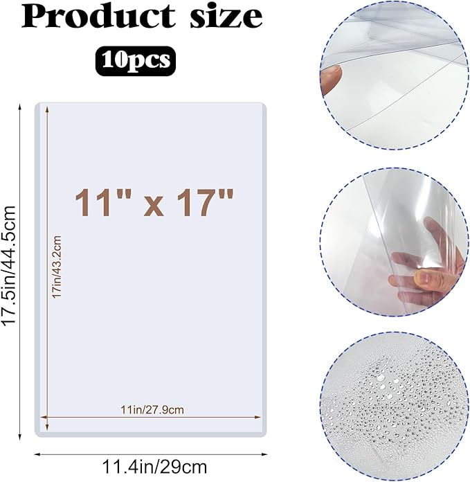 Rainmae 10 Pack 11" x 17" Rigid Print Protectors, Clear Waterproof Hard Plastic Page Sheet Protectors, Paper Sleeves Photo Plastic Sleeves Document Holder Birth Certificate Protector