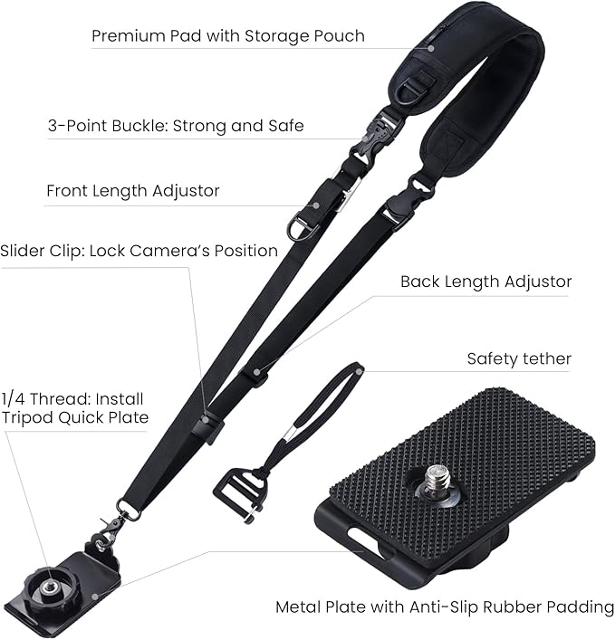 Waka Rapid Camera Neck Strap with Quick Release and Safety Tether, Adjustable Shoulder Sling Strap for Nikon Canon Sony Olympus DSLR - Black