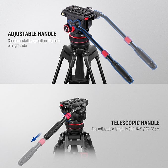 NEEWER Heavy Duty Video Tripod Fluid Head with Stepless Adjustable Pan/Tilt Damping, Quick Release Plate, Compatible with DJI RS Gimbals, Adjustable Handle, ⌀75mm Base, Max Load 22lb, GM006