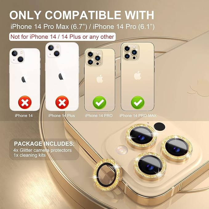 Choiche Compatible for iPhone 14 Pro/iPhone 14 Pro Max Camera Lens Protector Bling, 9H Tempered Glass Camera Cover Screen Protector Metal Ring Decoration Accessories (Glitter-Gold)