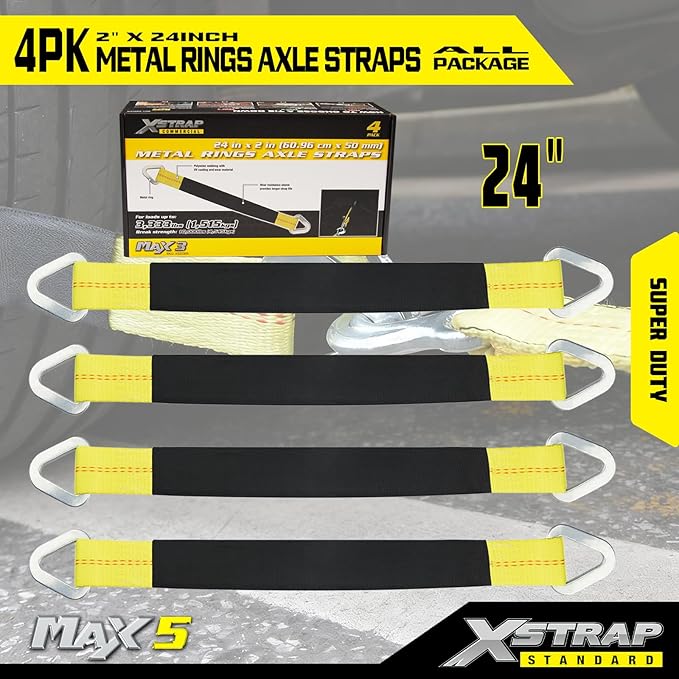 XSTRAP STANDARD 4 Pack of 24 x 2" Axle Strap with Protective Sleeve and D-Ring for Securing Car Transport, Axle Tie Down Straps - 3333 Lb. Capacity 10,000 Breaking Strength