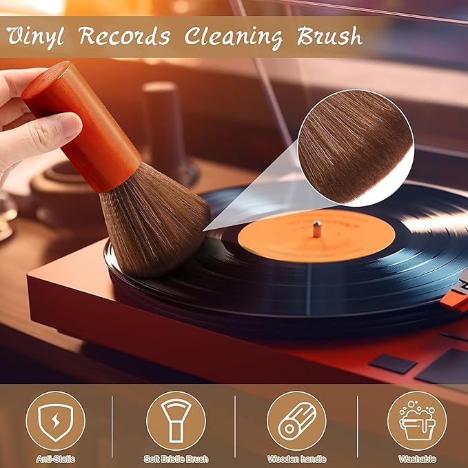 3 Pcs Vinyl Record Cleaning Brush Wooden Anti Static Dust Record Vinyl Cleaner Kit Player Accessories Gift for Music Lovers(Reddish Brown)
