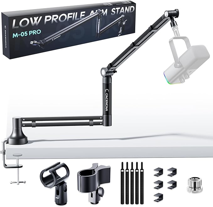 Low Profile Mic Arm, 360° Rotatable Microphone Boom Arm Mic Stand for Fifine AM8 K669B Blue Yeti HyperX shure sm7b SoloCast AT2020, with Mic Clip 3/8" to 5/8", Black