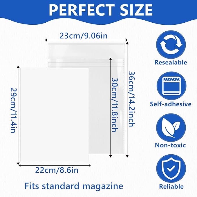 DEDC Magazine Bags and Boards 150 Pack - Heavy Duty 3.5 Mil Resealable Magazine Protector Sleeves with Rigid Acid-Free Backing Boards - Archival Clear Storage for Comics, Magazines & Collectibles