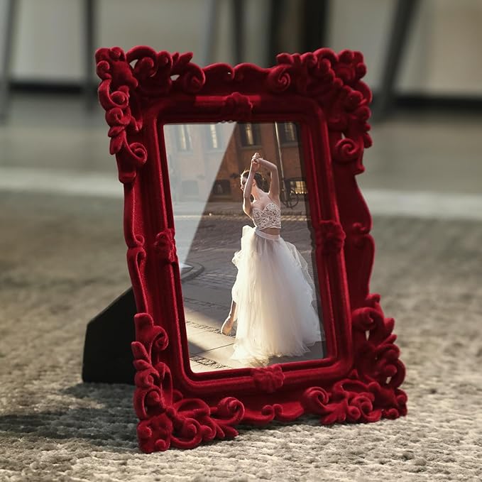 Vintage 4x6 Frame with Stand for Shelf End Table Decor, Old-fashioned Decorative Photo Frame for Victorian Home Decor, Small Picture Frame for Grandparents Memorial Housewarming (Wine Red)