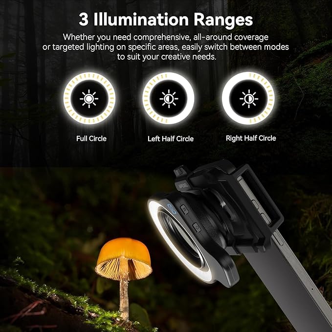37mm+52mm Thread Macro Lens Fill Light (Only Light), Portable Phone Lens Ring Light with High Power 32 LED/CRI 95+/ 45 Light Modes, Lens Attachments for All 37mm+52mm Phone Lens/Filter/Camera Lens