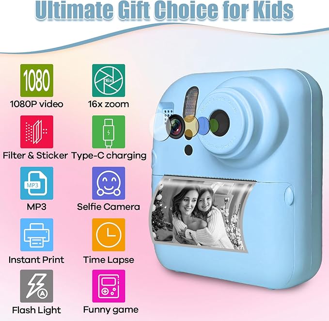 Instant Print Camera for Kids, Christmas Birthday Gifts for Kids Ages 3-12, 16X Zoom,1080P Vedio Selfie Digital Camera,Toddler Portable Toy for Girls and Boys with 32GB TF Card (Blue)