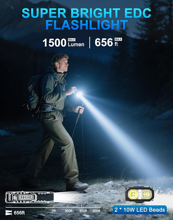1500 Lumens EDC Flashlight, LED Small Flashlight Ultra-Slim Flat Shape Type-C Rechargeable, Mini Flashlights IPX4 Waterproof, Pocket Clip Tactical Flashlights for Camping, Emergency