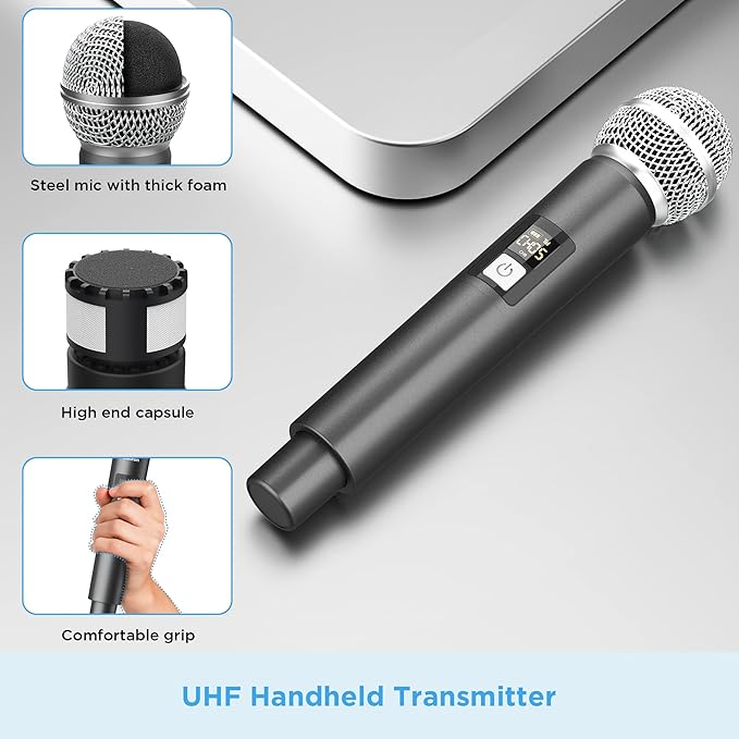 Bietrun Wireless Microphone, UHF Single Handheld Cordless Dynamic Metal Mic Set with Rechargeable Receiver, 1/4'' Plug Output, for Karaoke, Church, Wedding, Party Singing(98 ft Range)(Auto Connect)
