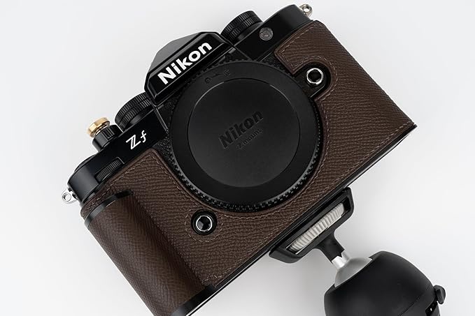 Handmade Genuine Leather Camera Half Case for Nikon ZF/Nikon ZF Camera Case - Top Layer Cowhide Body + Hand Sewn Saddle Stitch + Metal Base Plate (Dark Coffee)