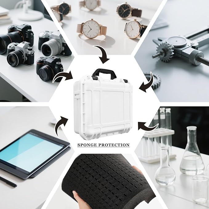 Relaxweex 1 Pcs 14.3 x 11.4 x 4.5 Inch Waterproof Hard Case with DIY Customizable Foam Insert Portable Protective Case with Knife for Camera Drones Equipments Tools Test Instruments (White)