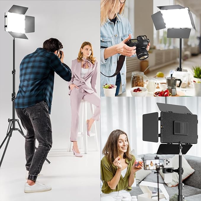 2 Pack LED Video Light with Barndoor, 30W Photography Lighting with Tripod Stand, 3000Lux CRI 98+ 2500K-8500K Studio Light Podcast Lighting for Video Recording, Game Live Streaming, Vlogging