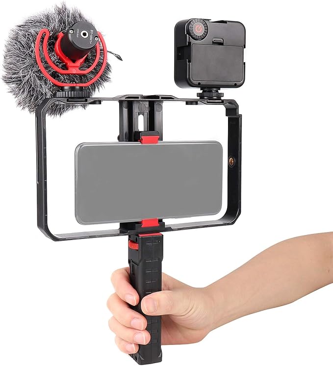FocusFoto Smartphone Video Rig Camera Cage Mount Holder Stabilizer (Removable Handle Grip Version) with by-MM1 Microphone Mic + 49 LED Light Kit for Mobile Phone iPhone Filmmaking Videomaker