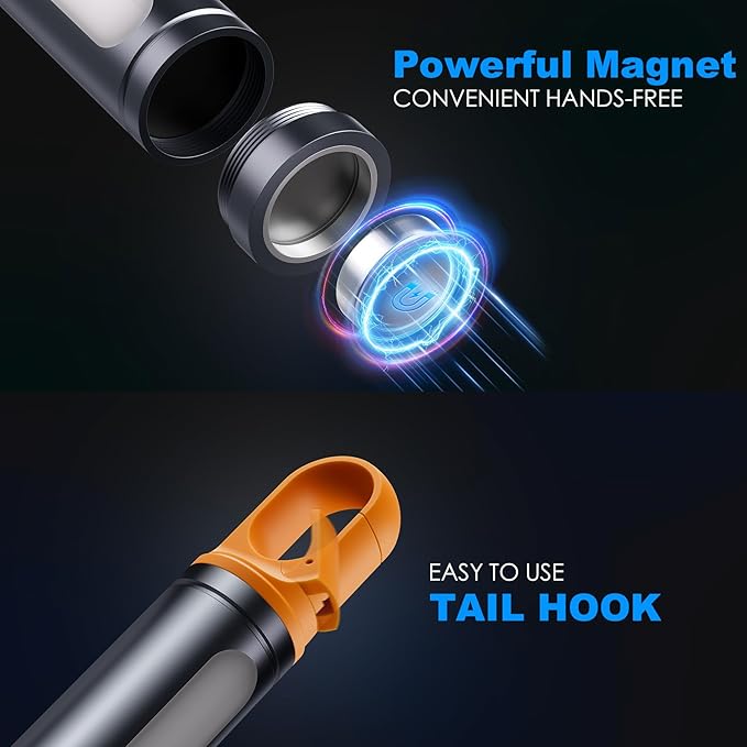 Magnetic Flashlight Rechargeable,5000mAh Flashlights High Lumens with 9 Modes,Waterproof, Adjustable,Powerful Flash Light,Emergency Multi-Flashlights for Home,Car,Hiking,Camping (1, Black)