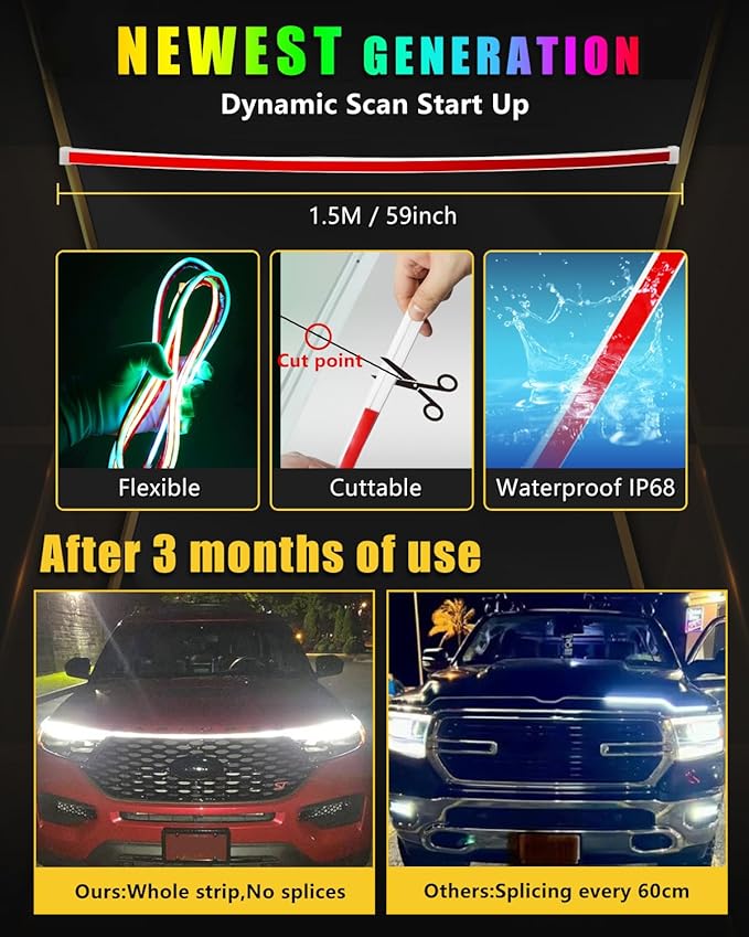 YM E-Bright Car Led Lights Exterior RGB Hood Light Strip Waterproof Multicolor Dynamic Scan Start Up Hoodbeam Kit DRL Daytime Running Lights for Cars,Truck,SUV,APP Remote Control,12V 59inch