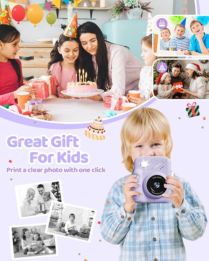 TIATUA Kids Camera Instant Print for Girls Ages 3-14, 3-inch HD Screen Camera for Kids with Printing Paper, 1080P Digital Toddler Toys for 4 5 6 7 8 9 10 11 12 Years Old (Purple)