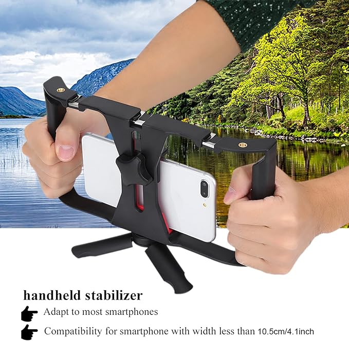 Qiilu Professional Dual Handle Handheld Phone Adjustable Stabilizer Support Recording Rig with Tripod for Vlog Video Creation, Filmmaking Accessory