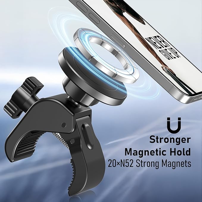 Magnetic Phone Holder Clamp Mount – 20 x N52 Strong Magnet Mount for Gym, Spin Bike (Fits Peloton), Treadmill, Stroller, Golf Cart, Shopping Cart – Compatible with Mag-Safe iPhone 12-17 Series