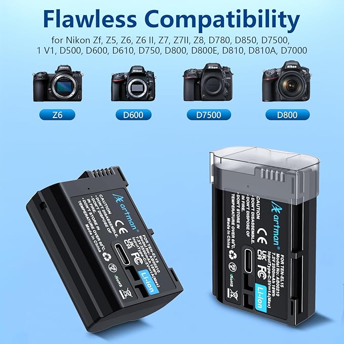 Artman EN-EL15C Battery 2-Pack 2500mAh with 2in1 USB-C Charging Cable, EN-EL15 Battery for Nikon Z8 Zf Z5 Z6 Z6 II Z7 Z7II D7000 D7200 D7500 D600 D610 D750 D780 D800 D850 D800E D810 D810A 1 V1 Cameras