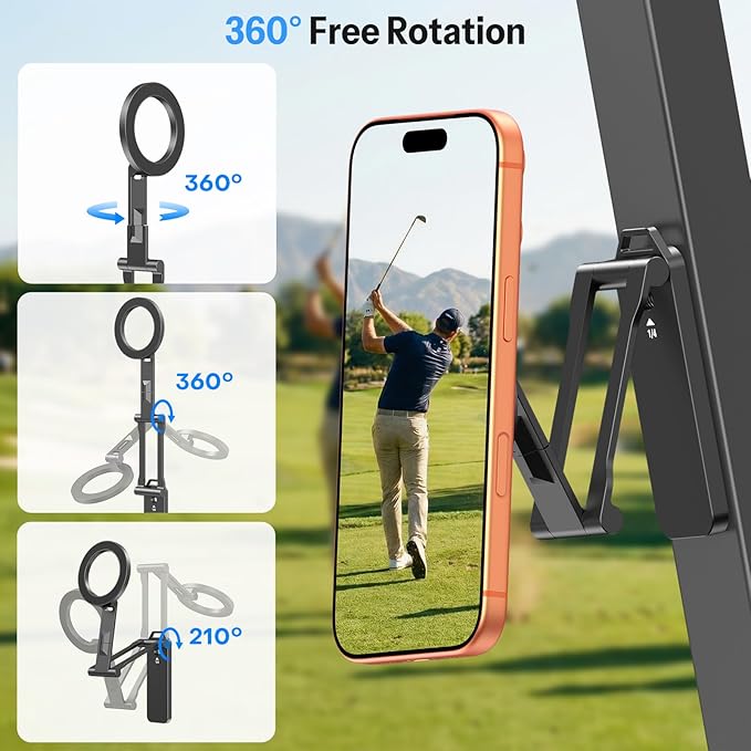 OMOTON CV08 Magnetic Golf Cart Phone Mount with [1/4” Screw + 5.6” Extendable Arm], 360° Rotatable Holder, Strong Magnets for iPhone & Samsung, Fits EZ-GO/Club Car, Includes Pouch & Strap (Black)