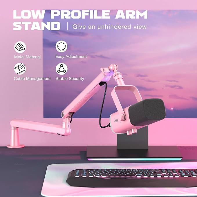 FIFINE Low Profile Boom Arm Mic Stand, Microphone Stand with Cable Management Channel, Desk Clamp, Screw Adapter for Streaming Podcast Recording, Adjustable Metal Mic Boom Arm Pink-BM88P