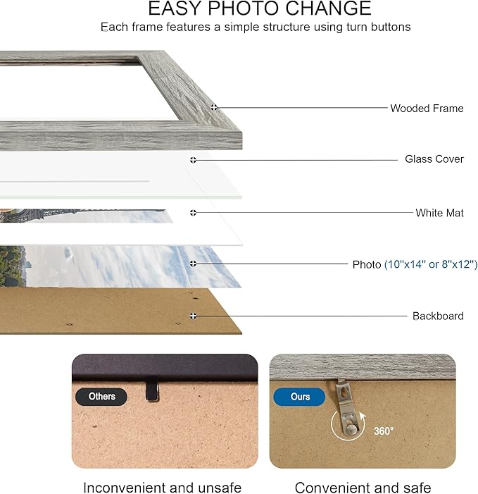 10x14 Picture Frame Set of 4, Made of Glass and Grey Wooden Frame, Display 8x12 Pictures with Mat or 30 x 40cm Diamond Painting Art without Mat for Wall Mounting, Gallery Photo Frames