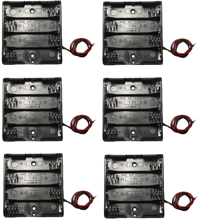 6 Pcs 4 x 1.5V (6V) AA Battery Spring Clip Black Plastic 4 x 1.5V (6V) Battery Case Holder Box Black Red Wire Leads