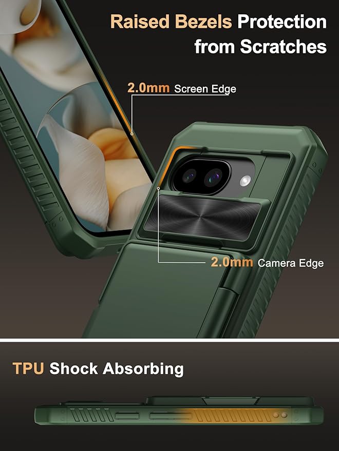 Vihibii for Google Pixel 9a Wallet Case, Built-in Card Holder (4 Cards), [RFID Blocking] & Slide Camera Cover, Military Grade Drop Protection, Rugged Heavy Duty Case for Google Pixel 9a 2025, Green