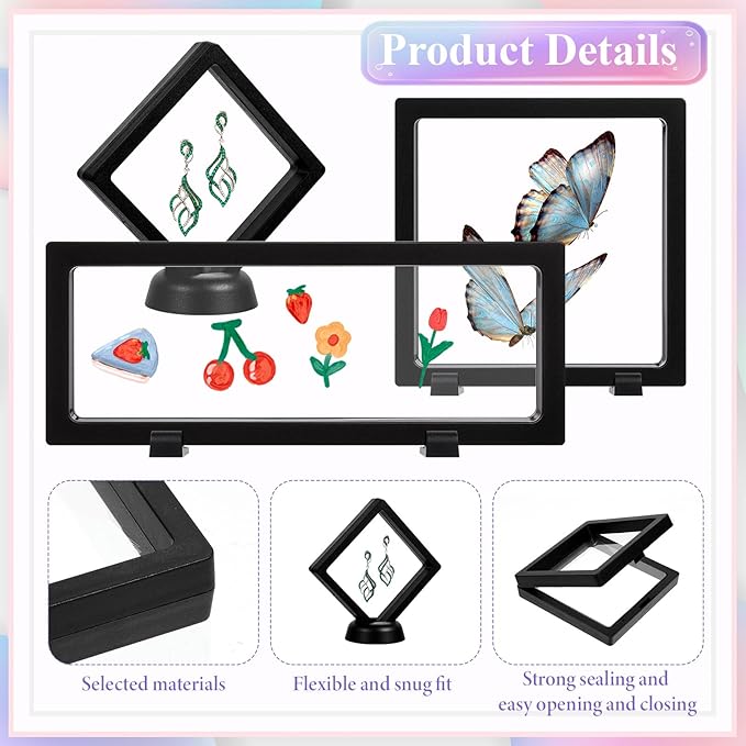 12 Pcs 3D Floating Display Case, 3 Sizes Black Challenge Coin Display Stand Rectangle Clear PE Film Jewelry Frame Holder Stands with Base for Jewelry, Specimen, Rock, Gem, Coin