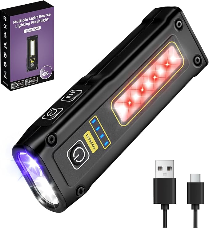 Flashlight UV Light 395nm, Blacklight EDC Flashlights Mini LED high Lumen USB -C Rechargeable Portable with Magnetic Base, COB White & Red Light, Output Emergency Power, for Pet Urine, Resin Curing