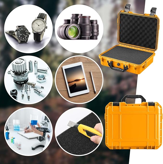 Relaxweex 1 Pcs 11.3 x 8.7 x 4.2 Inch Waterproof Hard Case with DIY Customizable Foam Insert Portable Protective Case with Knife for Camera Drones Equipments Tools Test Instruments (Yellow)