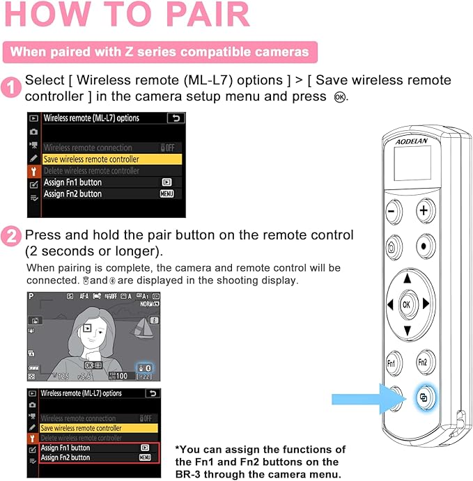 Rechargeable Shutter Release for Nikon AODELAN Wireless Camera Remote Control Compatible with COOLPIX P1000, P1100, P950, B600, A1000, Z50, Z30, Z fc, Z6 II, Z7 II,Z5, Replaces Nikon ML-L7(White)