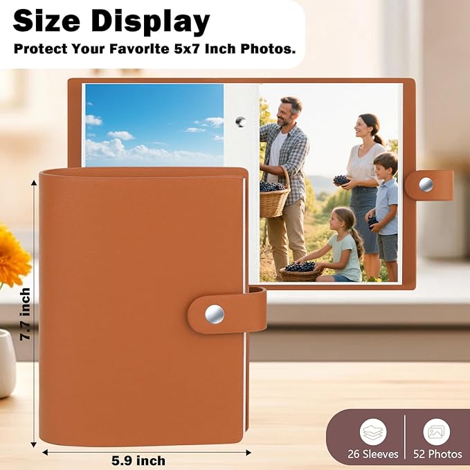 2 Pack Small Photo Album 5x7 Holds 52 Pictures Leather Cover 5 x 7 Album Mini Picture Book Acid Free Inner Pages Portable Albums Book for Wedding Family Boys Girls Art Work(Brown)