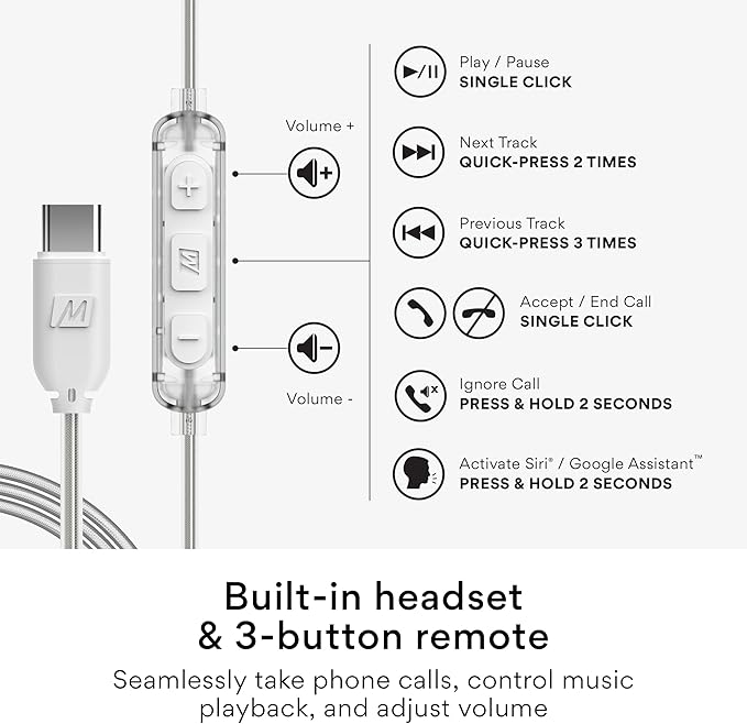 MEE Audio M6 Sport USB-C Wired Earbuds with Memory Wire Earhooks, Headset with Mic & 3-Button Remote for iPhone 15, iPad, Other USB Type C Devices; in Ear Headphones for Running/Gym/Workouts, Clear
