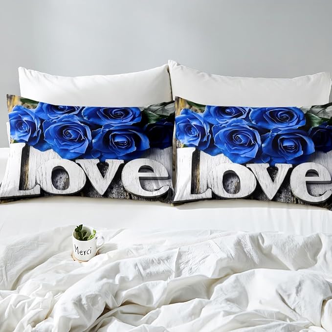 Erosebridal Valentine's Day Bedding Blue Rose Fitted Sheet Set with 1 Pillowcase, Romantic Bed Sheet, Blossom Rose Flowers, Elegant 3 Pcs Twin Size