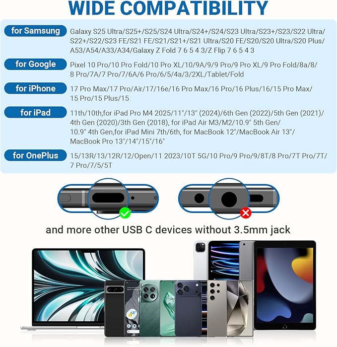 USB C Headphones for Samsung S26 S25 Ultra S24+ 23, Type C Earphones with Microphone Magnet HiFi Stereo Wired Earbuds for iPhone 17 Air 16 Pro Max 15/Galaxy A53 S21 S20 FE Flip 7 6 Fold/Pixel 10, Blue