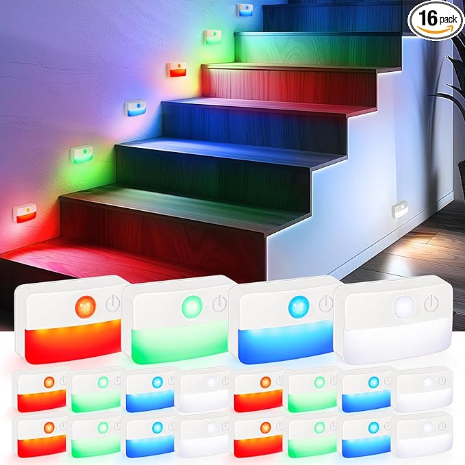 16 Pack Motion Sensor Stair Lights for Indoor, Wireless RGB Battery Operated Night Light, Led Stick On Hallway Closet Under Cabinet Stairway Automatic Lamp for Bedroom Kitchen Bathroom