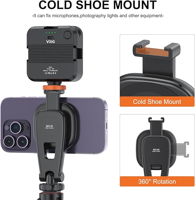 VRIG MG-03 Magnetic Phone Tripod Mount, Tripod Mount for Magsafe Cold Shoe for iPhone 16 15 14 13 12 Series, Magnetic Ring Compatible with All Phones & Cases, 360° Rotation, for Tripods, Cameras
