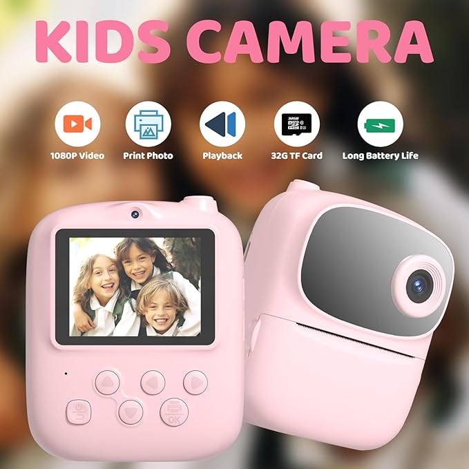 Kids Instant Print Camera 2025, 32GB Memory, Dual Lens with 2.4-Inch Screen and 1080p HD, Nice Gift for Boys and Girls Ages 4-13, Ideal for Toddlers and Teenagers