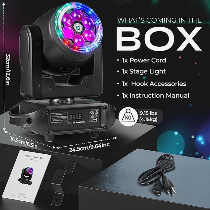 6×15W RGBW Bee-Eye Moving Head DJ Light – LED Ring & Starry Sky Effects, 540° Pan / 270° Tilt Stage Lighting with DMX512 Auto & Sound-Activated Modes for Parties, Clubs, Weddings