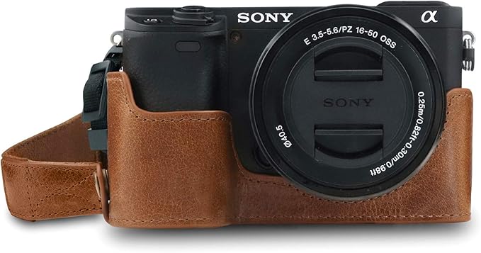 MegaGear MG1642 Ever Ready Genuine Leather Camera Half Case compatible with Sony Alpha A6100, A6400 - Brown