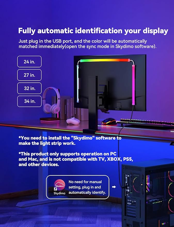 Monitor LED Backlights for PC & Mac, LED Strip Light Sync with Screen Color/Music, Computer Light Bar Behind Screen, LEDs for Desk Gaming, USB Port,Software Control, G100 (4-Side 24inch)