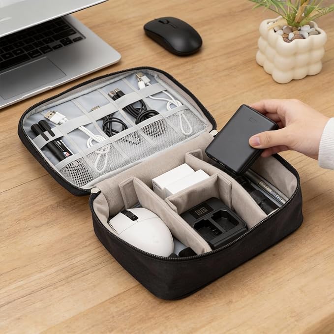 Cable Organizer bag for women or men,Electronic Accessories Carry Case Portable Waterproof Double Layers All-in-One Storage Bag for Cord, Charger, Phone, Earphone (Black)