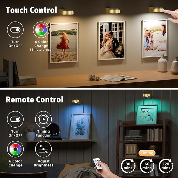 3PCS Picture Lights, Rechargeable Battery Magnetic Poster Lights with 3 Color Temps&12 RGB, Dimmable and Timer Metal Art Light for Display, Wall, Artwork, Gallery (Gold)