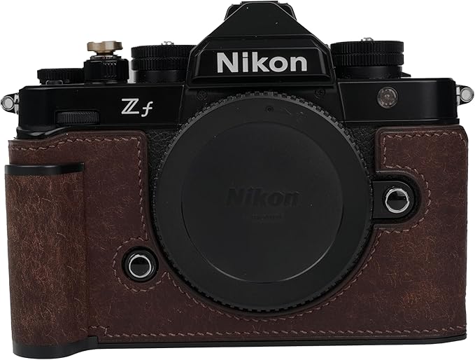 Handmade Genuine Leather Camera Half Case for Nikon ZF/Nikon ZF Camera Case - Top Layer Cowhide Body + Hand Sewn Saddle Stitch + Metal Base Plate (Dark Brown)