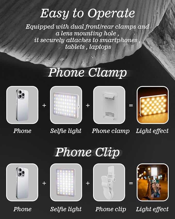 60 LED Portable Selfie Light Video Conference Lighting with Clip & Camera Tripod Adapter Rechargeable 2000mAh CRI 97+, 3 Light Modes for Phone iPhone Webcam Laptop Photo Makeup (Pure White)