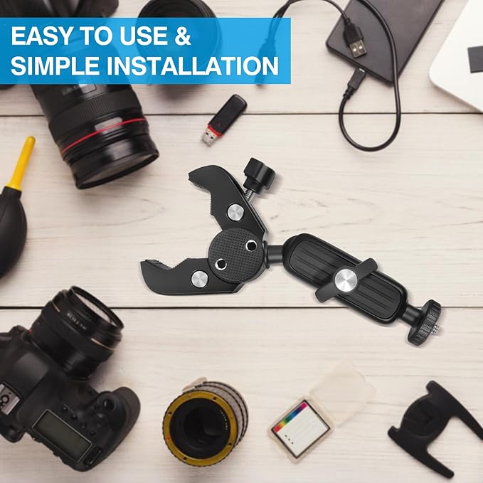 Super Clamp Camera Mount Double Ball Head Magic Arm with 1/4 Inch Threads Universal Mount for Monitor Light Action Camera Compatible with DSLR Tripod Desk Fence