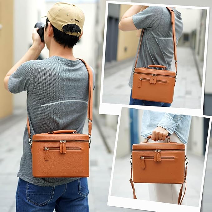 Divvia Camera Sling Bag, Waterproof PU Leather Crossbody Camera Case for Photographers, Small Shoulder Bag Compatible for Canon Nikon Sony (Brown)