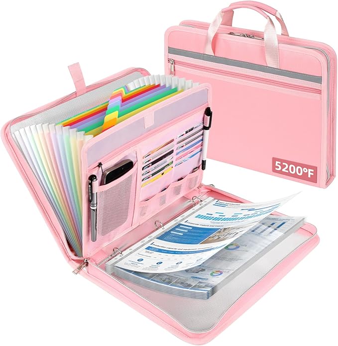 5200℉ Fireproof Document Organizer with 13 Accordion Expanding File Folder, Aluminum Foil Zipper Binder with 30 A4/Letter Sheet Protector, Binder for School Office Home Storage (Pink)