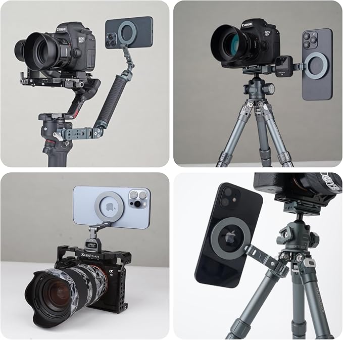 Magnetic MagSafe Tripod Mount Adapter Aluminum Phone Mount with 1/4” Screw & Cold Shoe Compatibility for iPhone 16/15/14/13 Series, DSLR Cameras, DJI Ronin, Canon/Nikon Photography Accessories